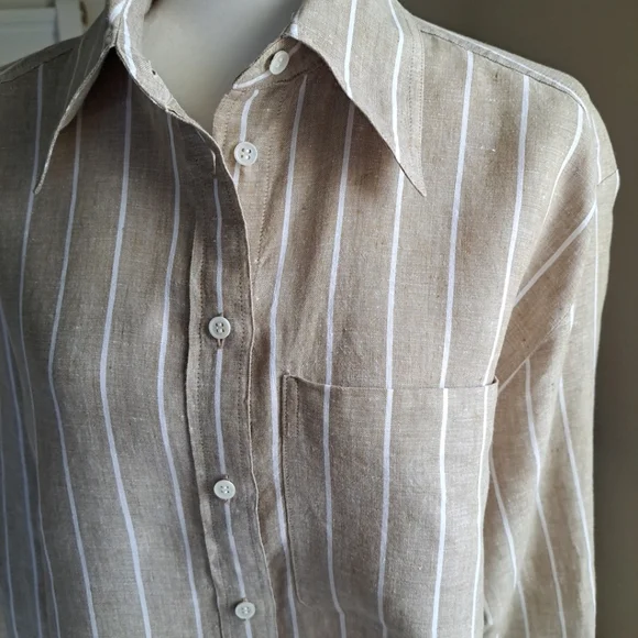 Banana Republic The Boxy Cropped Linen Shirt Skimmer Blouse Size S Tan Beige EUC - Picture 7 of 9